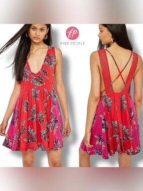 Free People  Mini Dress ‘Thought I Was Dreamin’ Red Floral Boho Summer | Sz S